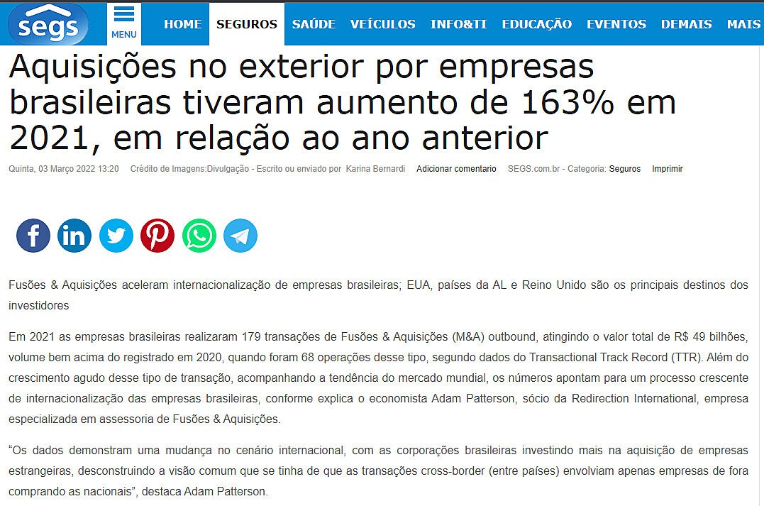 Aquisies no exterior por empresas brasileiras tiveram aumento de 163% em 2021, em relao ao ano anterior